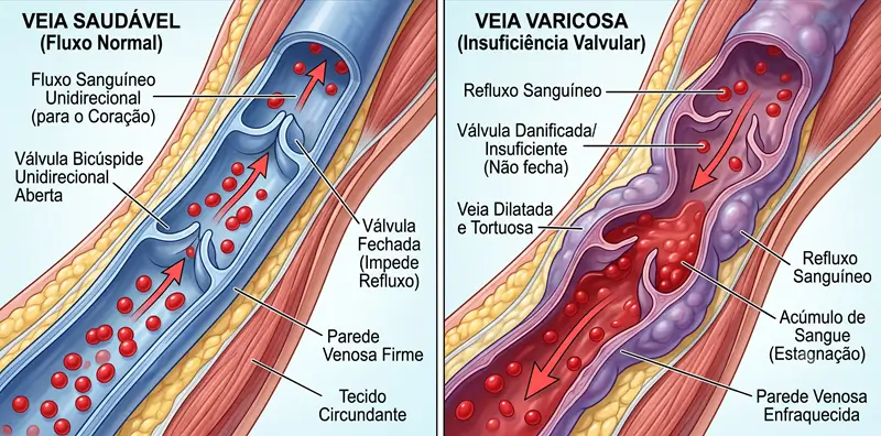 Ilustração médica de veia saudável x veia varicosa mostrando as válvulas 