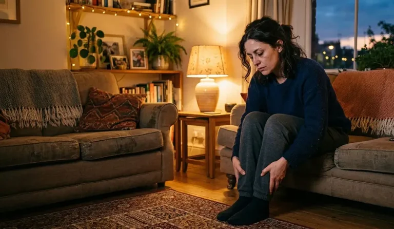 Mulher com pernas pesadas e inchadas no fim do dia sentada no sofá