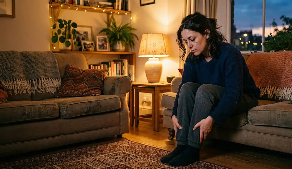 Mulher com pernas pesadas e inchadas no fim do dia sentada no sofá