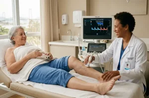 medica realizando eco doppler vascular nas pernas inchadas da paciente